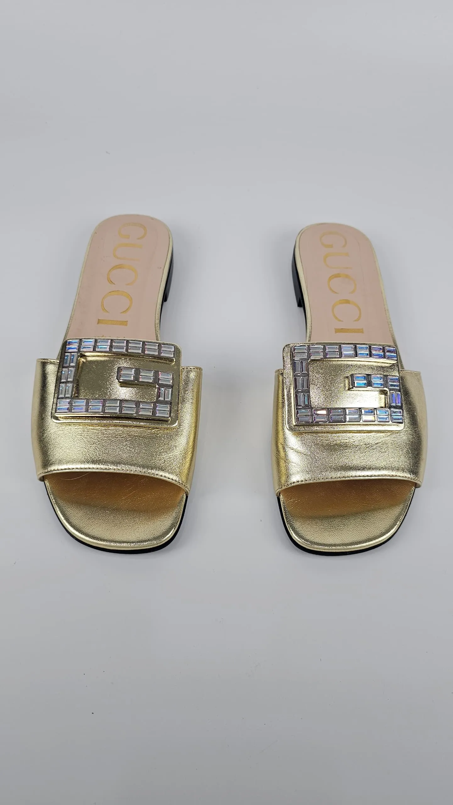 578198 Gold Metallic Nappa Crystal Square G Madelyn Slide Sandals