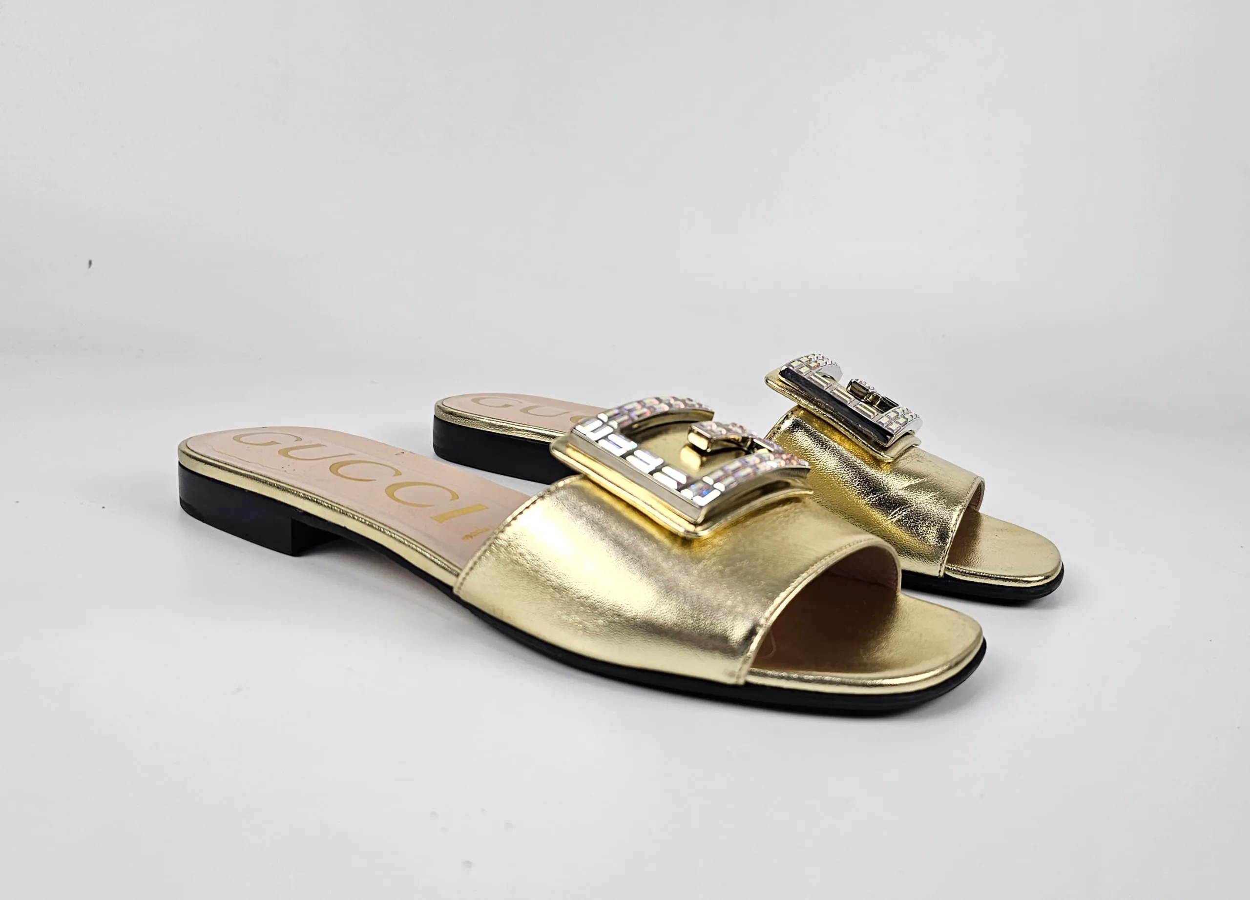 578198 Gold Metallic Nappa Crystal Square G Madelyn Slide Sandals