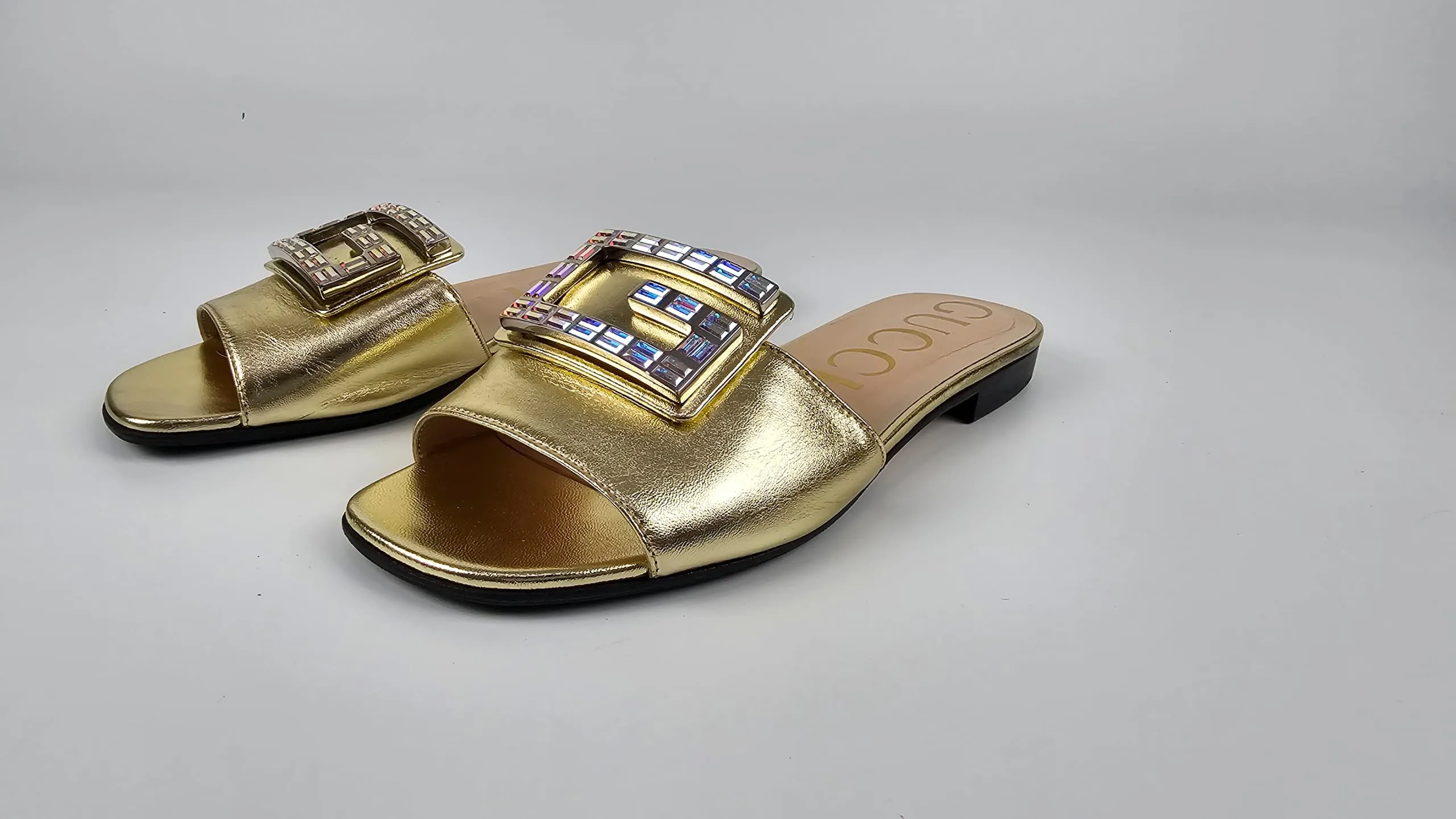 578198 Gold Metallic Nappa Crystal Square G Madelyn Slide Sandals