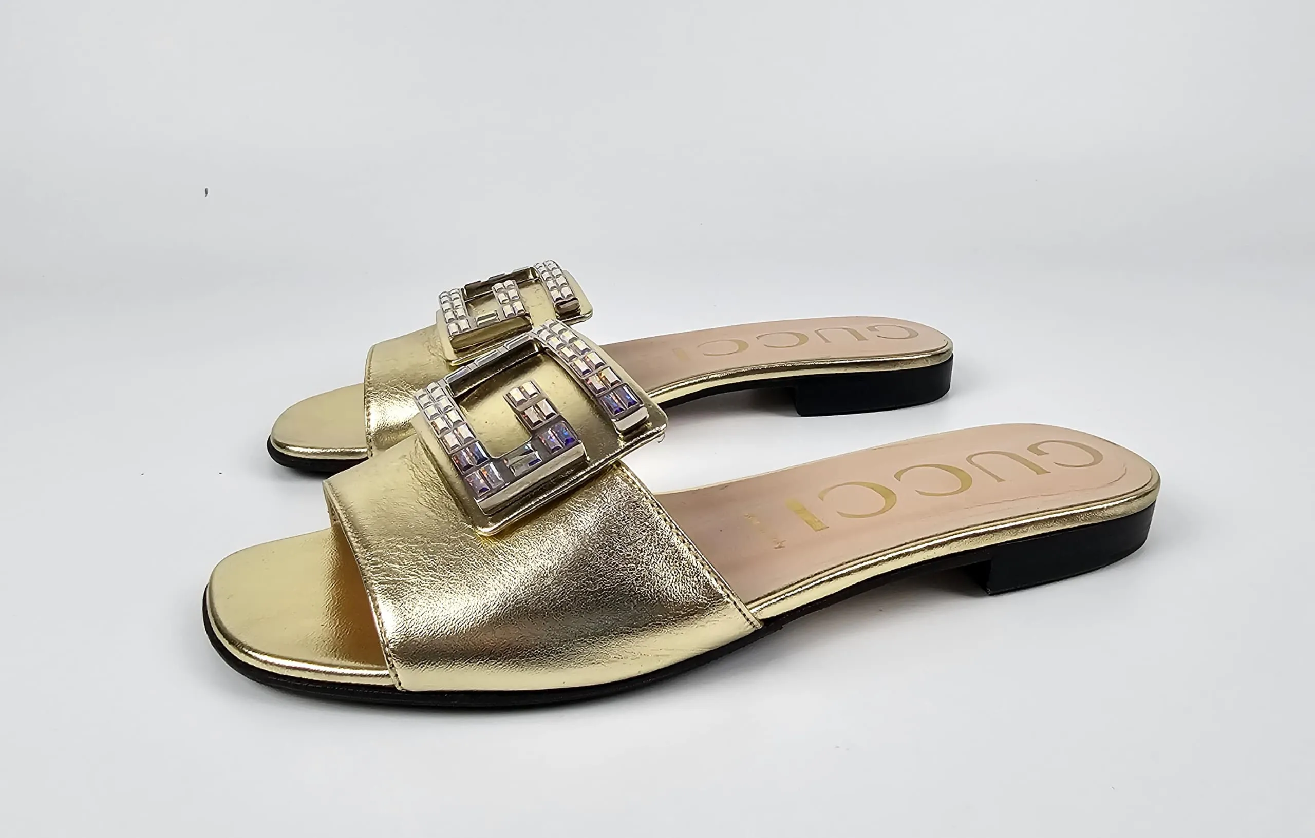 578198 Gold Metallic Nappa Crystal Square G Madelyn Slide Sandals