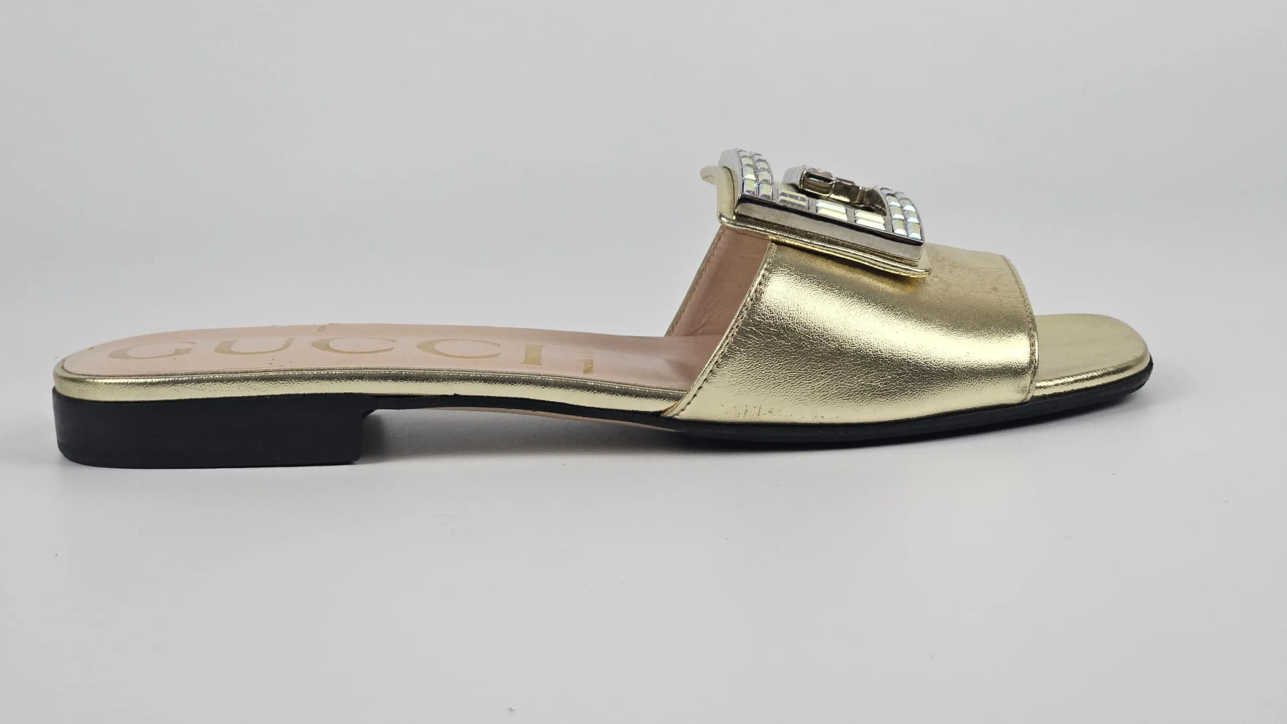 578198 Gold Metallic Nappa Crystal Square G Madelyn Slide Sandals