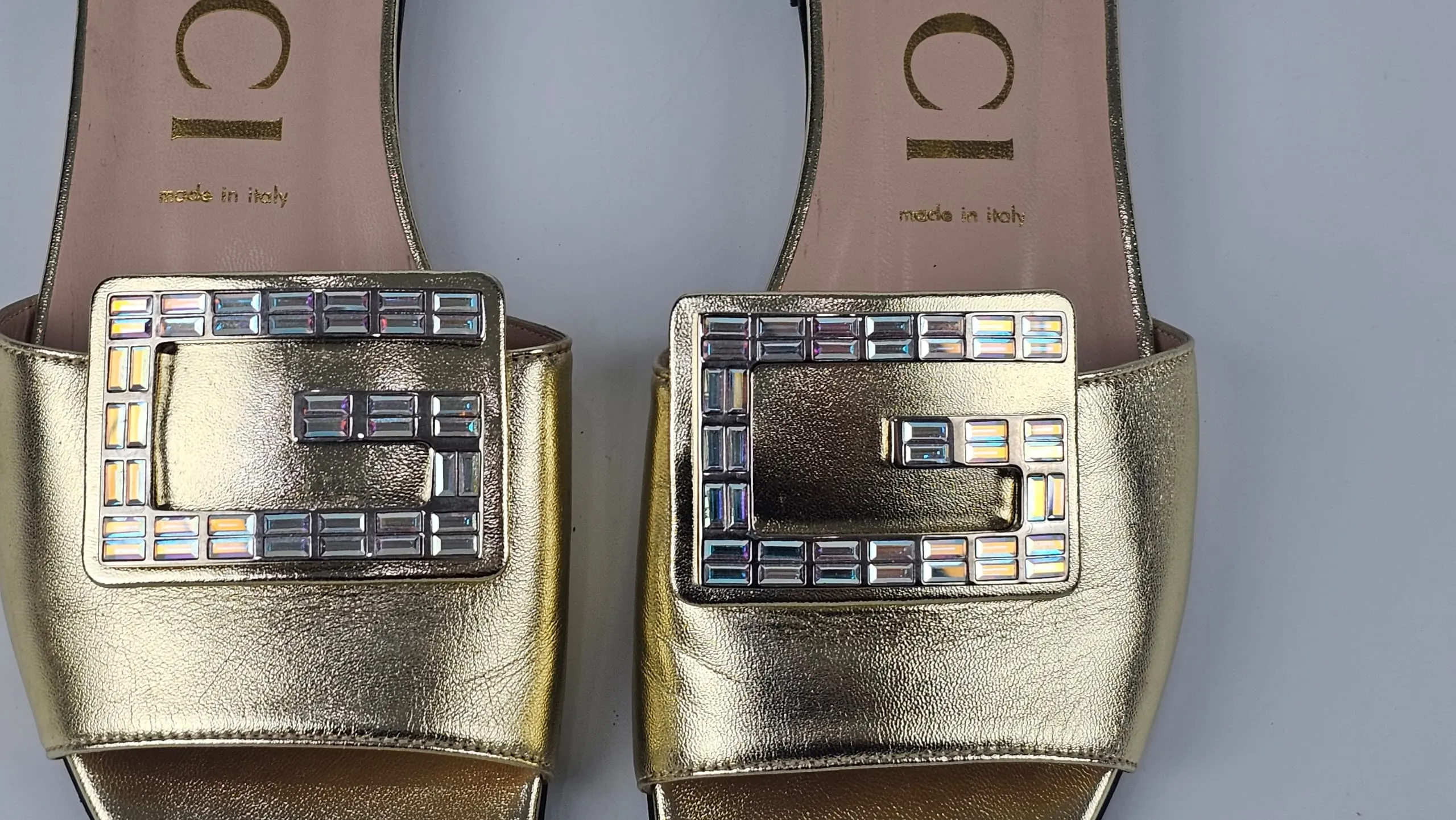 578198 Gold Metallic Nappa Crystal Square G Madelyn Slide Sandals