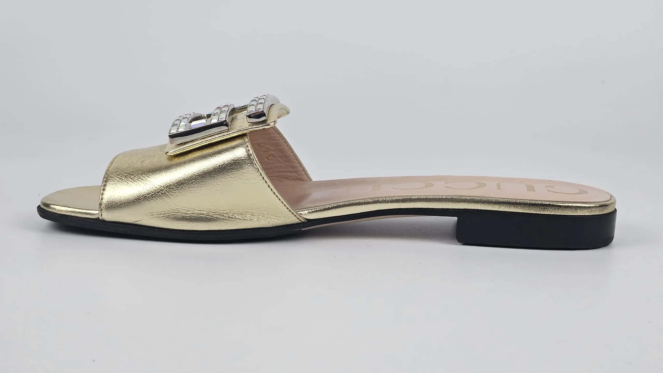 578198 Gold Metallic Nappa Crystal Square G Madelyn Slide Sandals