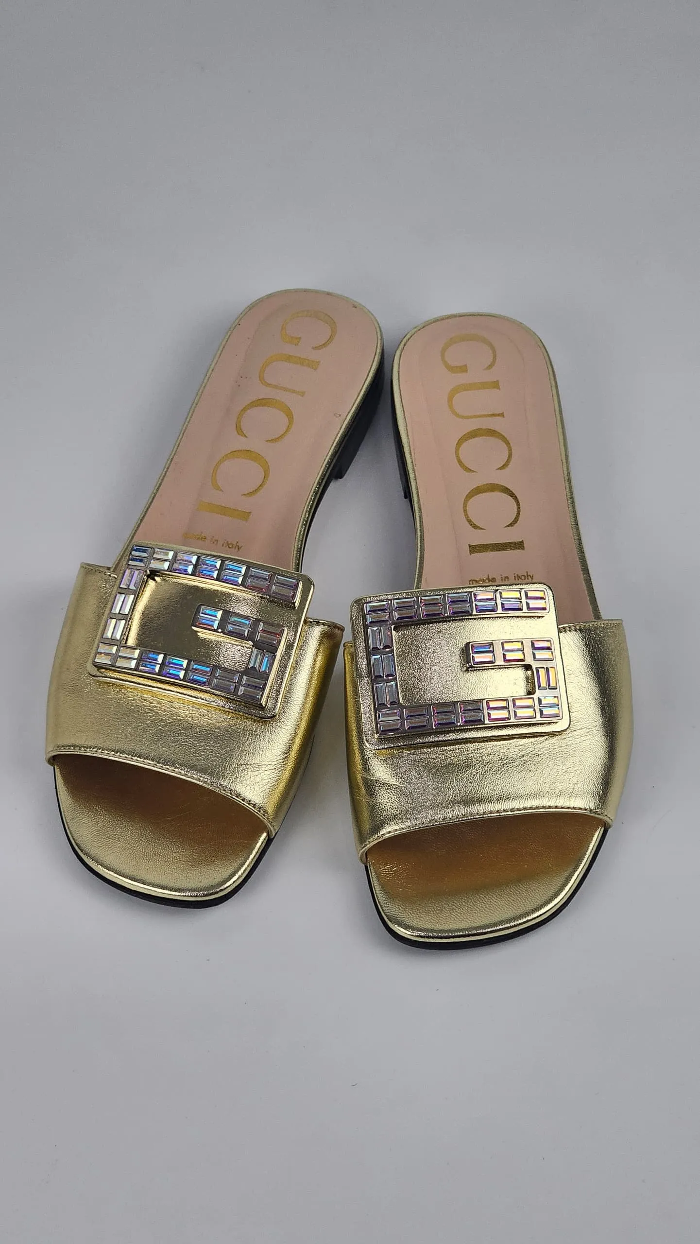 578198 Gold Metallic Nappa Crystal Square G Madelyn Slide Sandals