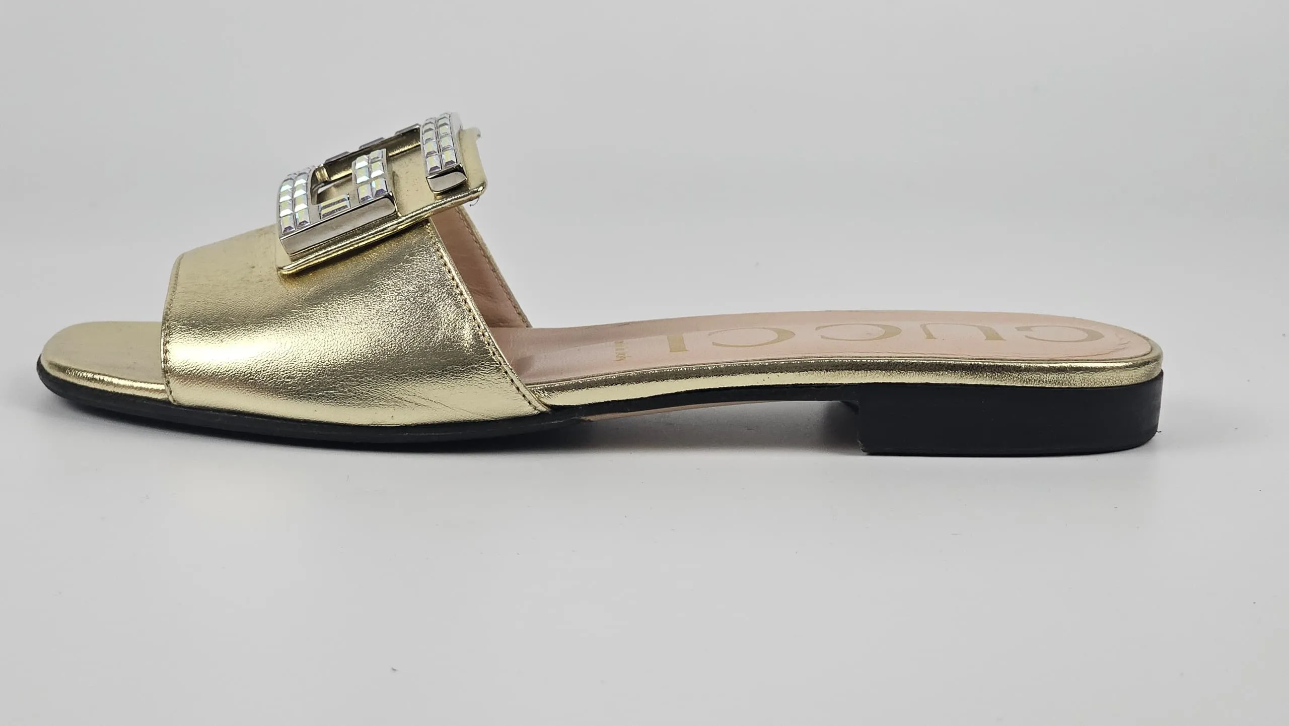 578198 Gold Metallic Nappa Crystal Square G Madelyn Slide Sandals