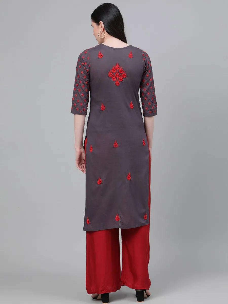 ADA Women Charcoal Grey & Red Chikankari Hand Embroidered Cotton Straight Sustainable Handloom Kurta