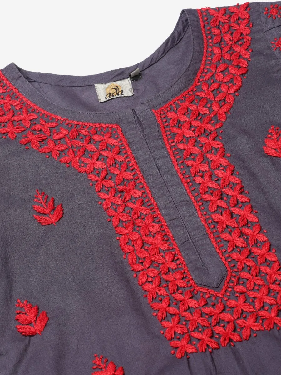 ADA Women Charcoal Grey & Red Chikankari Hand Embroidered Cotton Straight Sustainable Handloom Kurta