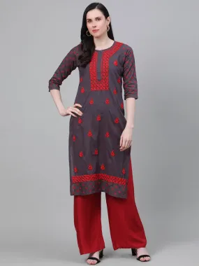 ADA Women Charcoal Grey & Red Chikankari Hand Embroidered Cotton Straight Sustainable Handloom Kurta