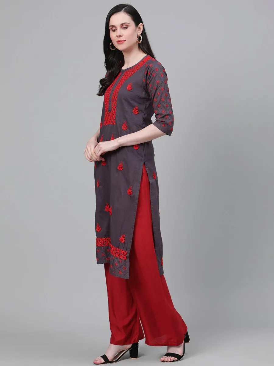 ADA Women Charcoal Grey & Red Chikankari Hand Embroidered Cotton Straight Sustainable Handloom Kurta