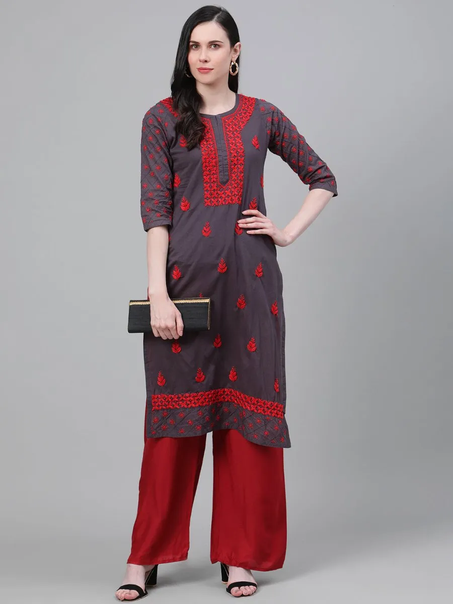 ADA Women Charcoal Grey & Red Chikankari Hand Embroidered Cotton Straight Sustainable Handloom Kurta