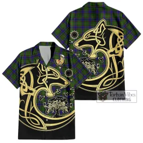 Adam Tartan Short Sleeve Button Shirt with Family Crest Celtic Wolf Style