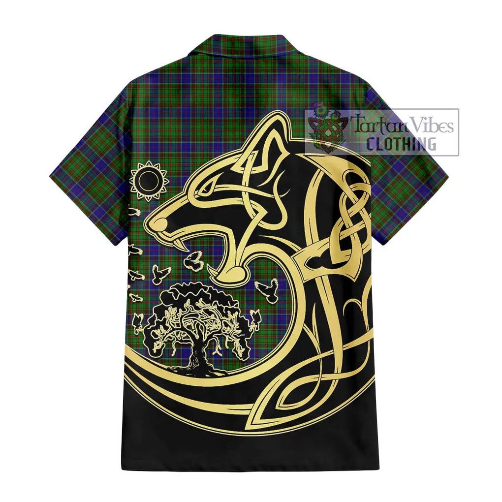 Adam Tartan Short Sleeve Button Shirt with Family Crest Celtic Wolf Style