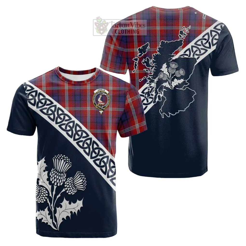 Ainslie Tartan Cotton T-shirt Featuring Thistle and Scotland Map