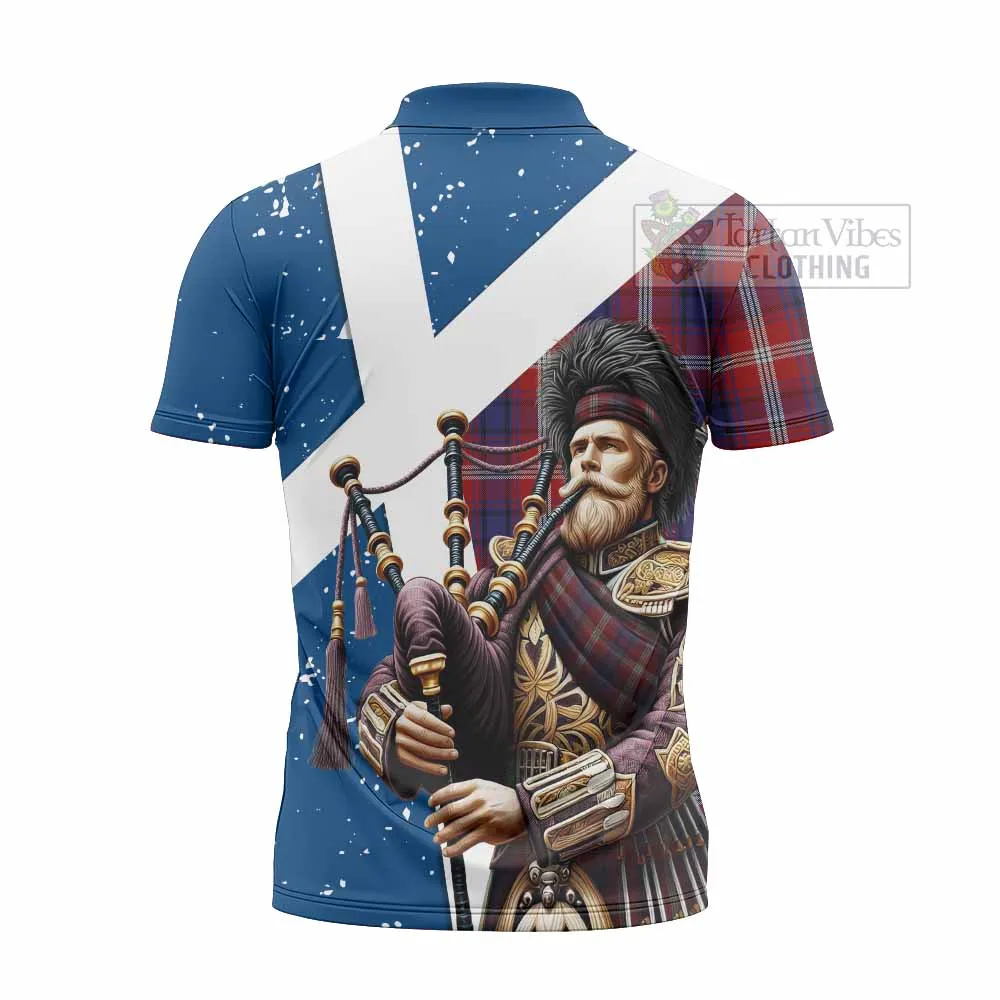 Ainslie Tartan Zipper Polo Shirt with Family Crest Scottish Bagpiper Vibes