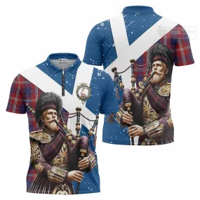 Ainslie Tartan Zipper Polo Shirt with Family Crest Scottish Bagpiper Vibes