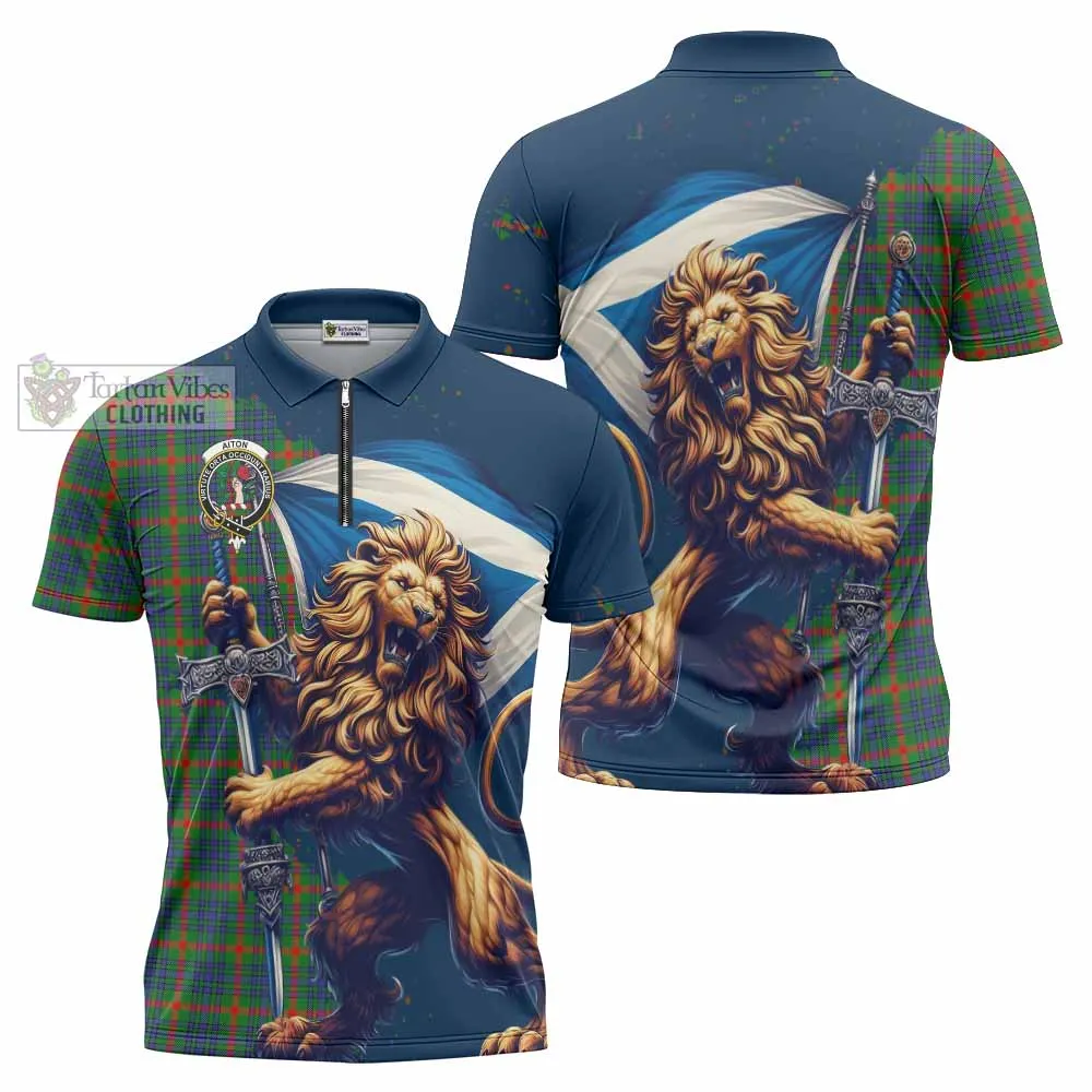 Aiton Tartan Family Crest Zipper Polo Shirt with Scottish Majestic Lion