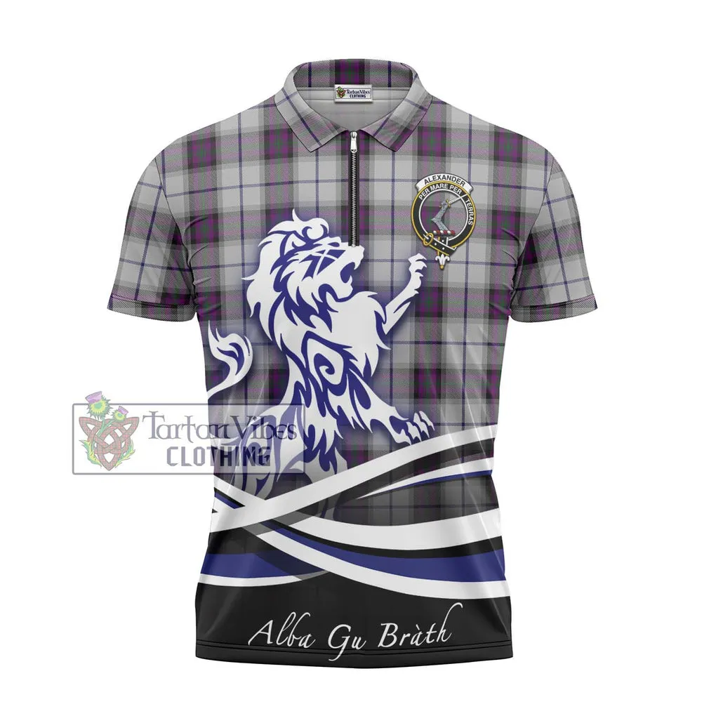 Alexander of Menstry Dress Tartan Zipper Polo Shirt with Alba Gu Brath Regal Lion Emblem