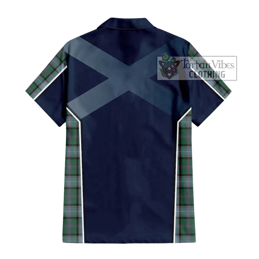 Alexander of Menstry Hunting Tartan Short Sleeve Button Shirt with Family Crest and Lion Rampant Vibes Sport Style