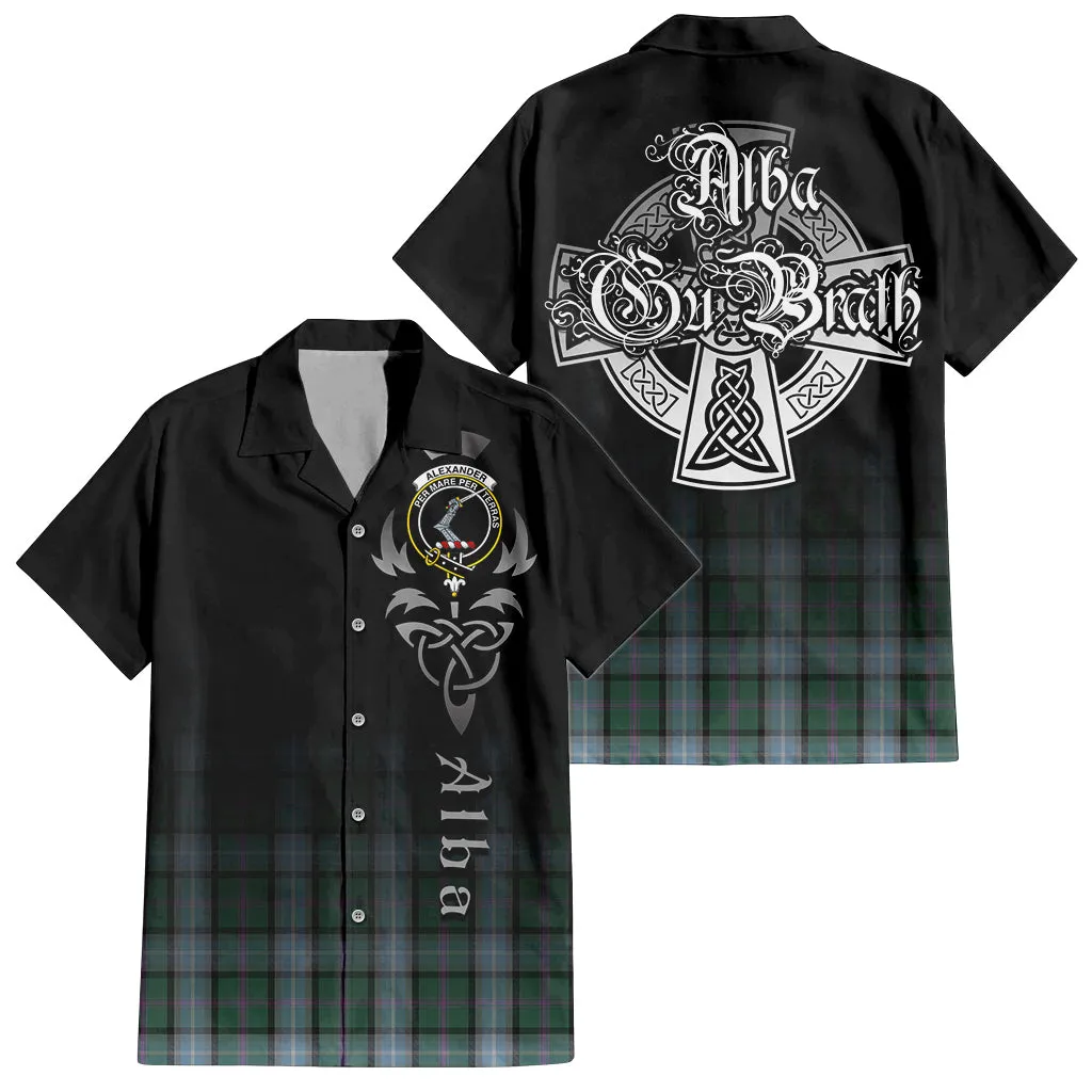 Alexander of Menstry Hunting Tartan Short Sleeve Button Up Shirt Featuring Alba Gu Brath Family Crest Celtic Inspired