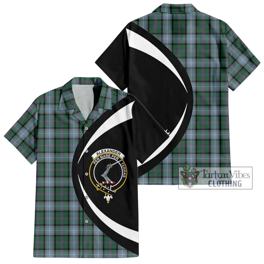 Alexander of Menstry Hunting Tartan Short Sleeve Button Up with Family Crest Circle Style