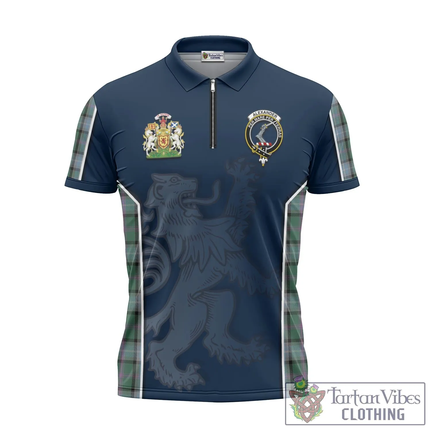 Alexander of Menstry Hunting Tartan Zipper Polo Shirt with Family Crest and Lion Rampant Vibes Sport Style