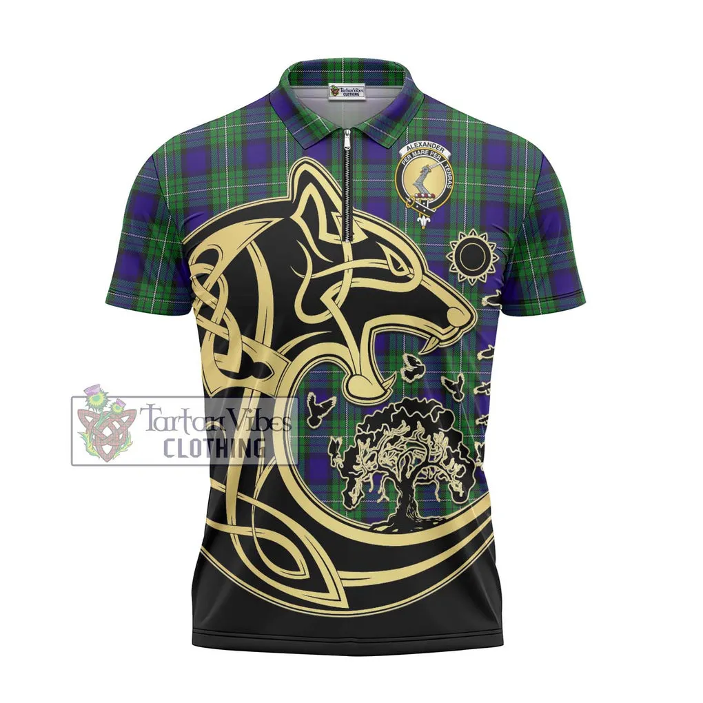 Alexander Tartan Zipper Polo Shirt with Family Crest Celtic Wolf Style