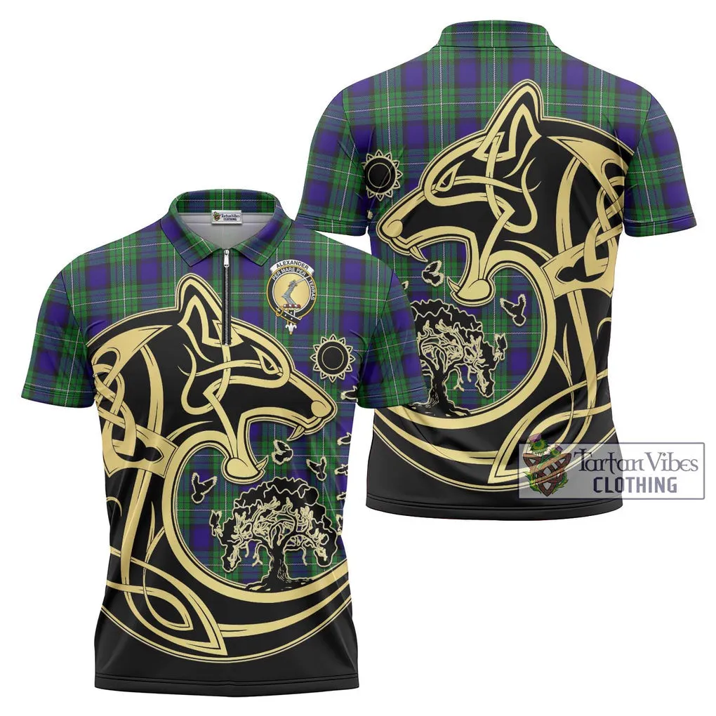 Alexander Tartan Zipper Polo Shirt with Family Crest Celtic Wolf Style