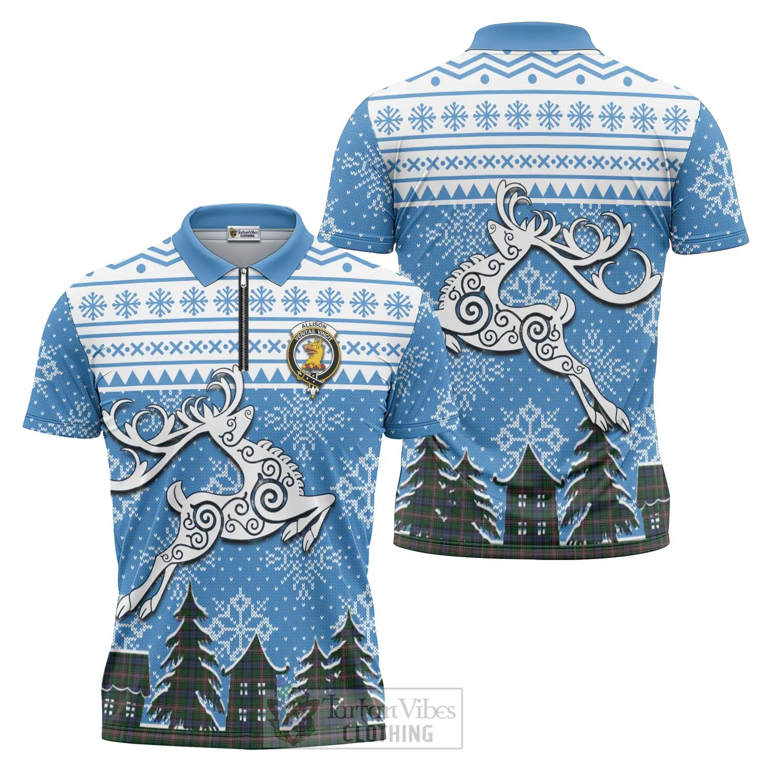 Allison Clan Christmas Zipper Polo Shirt Celtic Reindeer Style