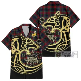 Allison Red Tartan Short Sleeve Button Shirt with Family Crest Celtic Wolf Style