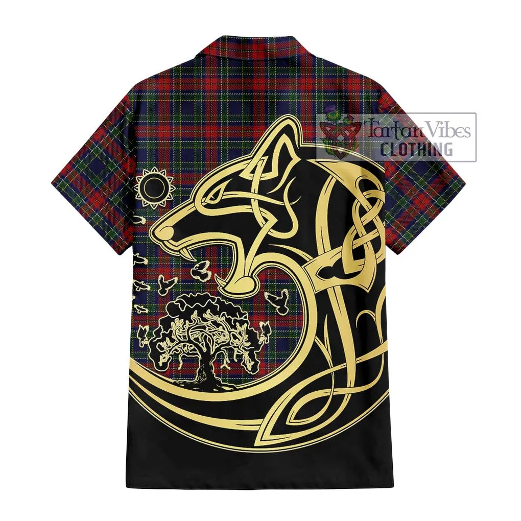 Allison Red Tartan Short Sleeve Button Shirt with Family Crest Celtic Wolf Style