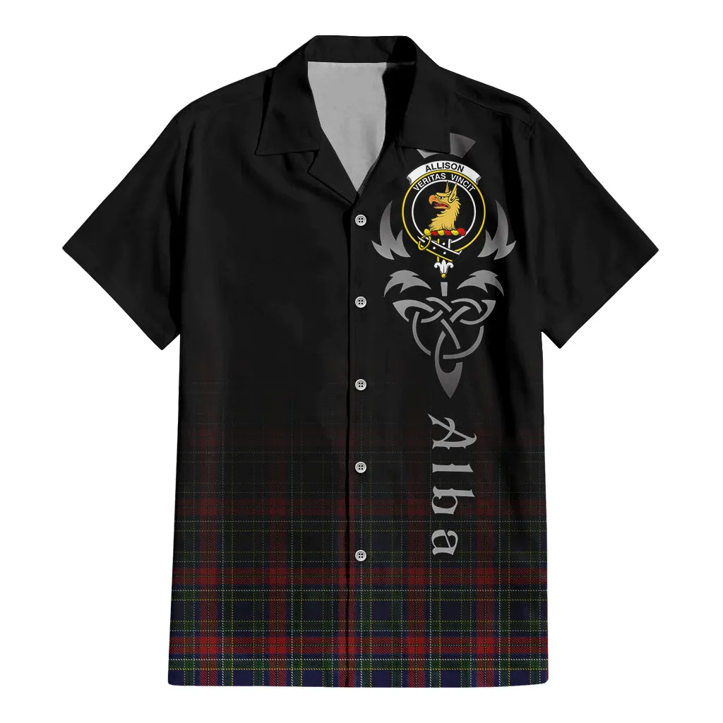 Allison Red Tartan Short Sleeve Button Up Shirt Featuring Alba Gu Brath Family Crest Celtic Inspired