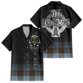 Anderson Ancient Tartan Short Sleeve Button Up Shirt Featuring Alba Gu Brath Family Crest Celtic Inspired