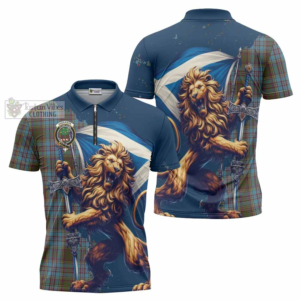 Anderson Tartan Family Crest Zipper Polo Shirt with Scottish Majestic Lion