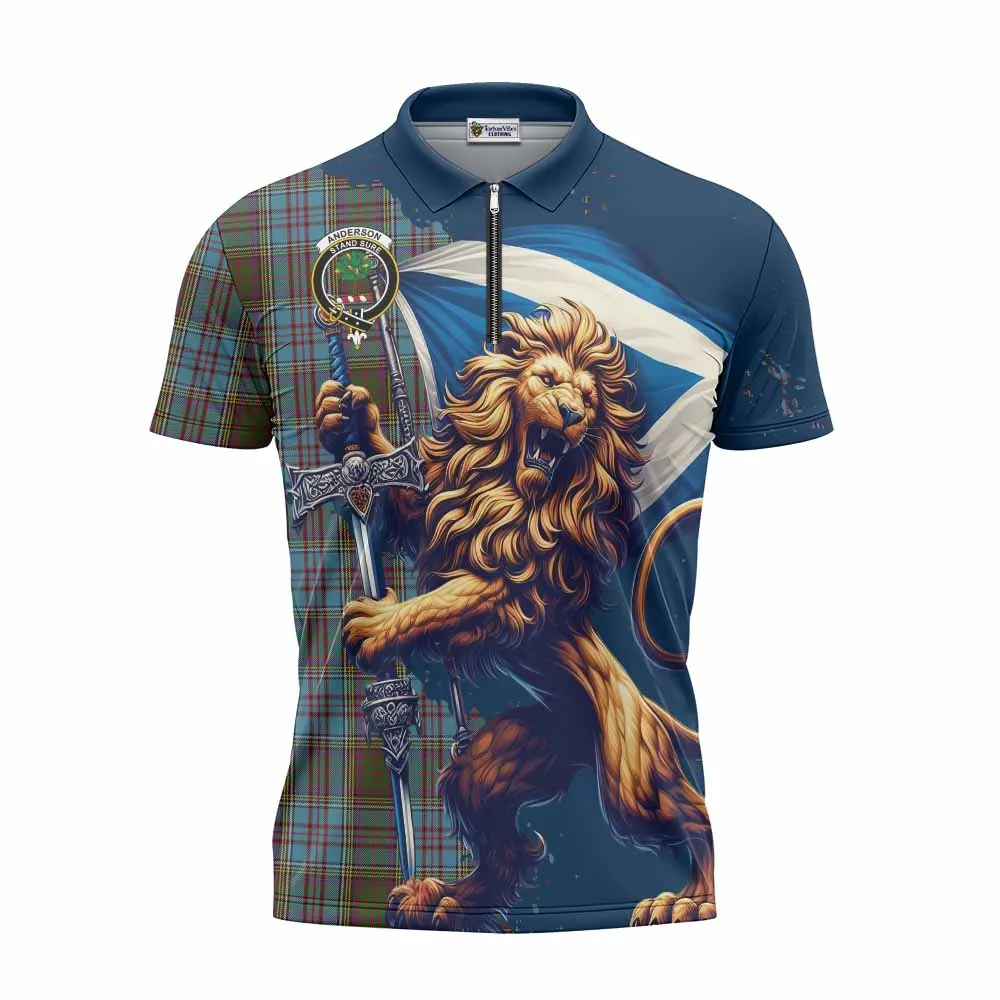 Anderson Tartan Family Crest Zipper Polo Shirt with Scottish Majestic Lion