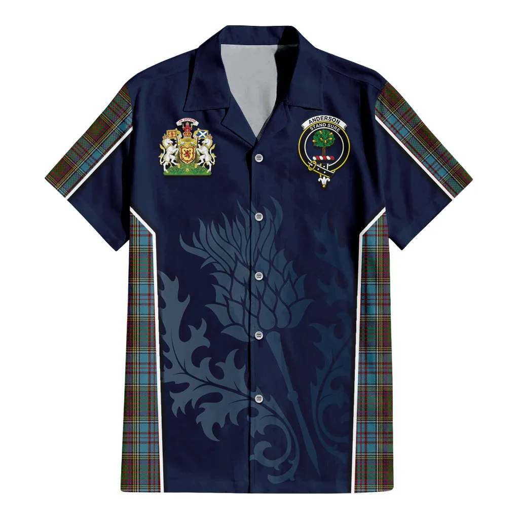 Anderson Tartan Short Sleeve Button Up Shirt with Family Crest and Scottish Thistle Vibes Sport Style