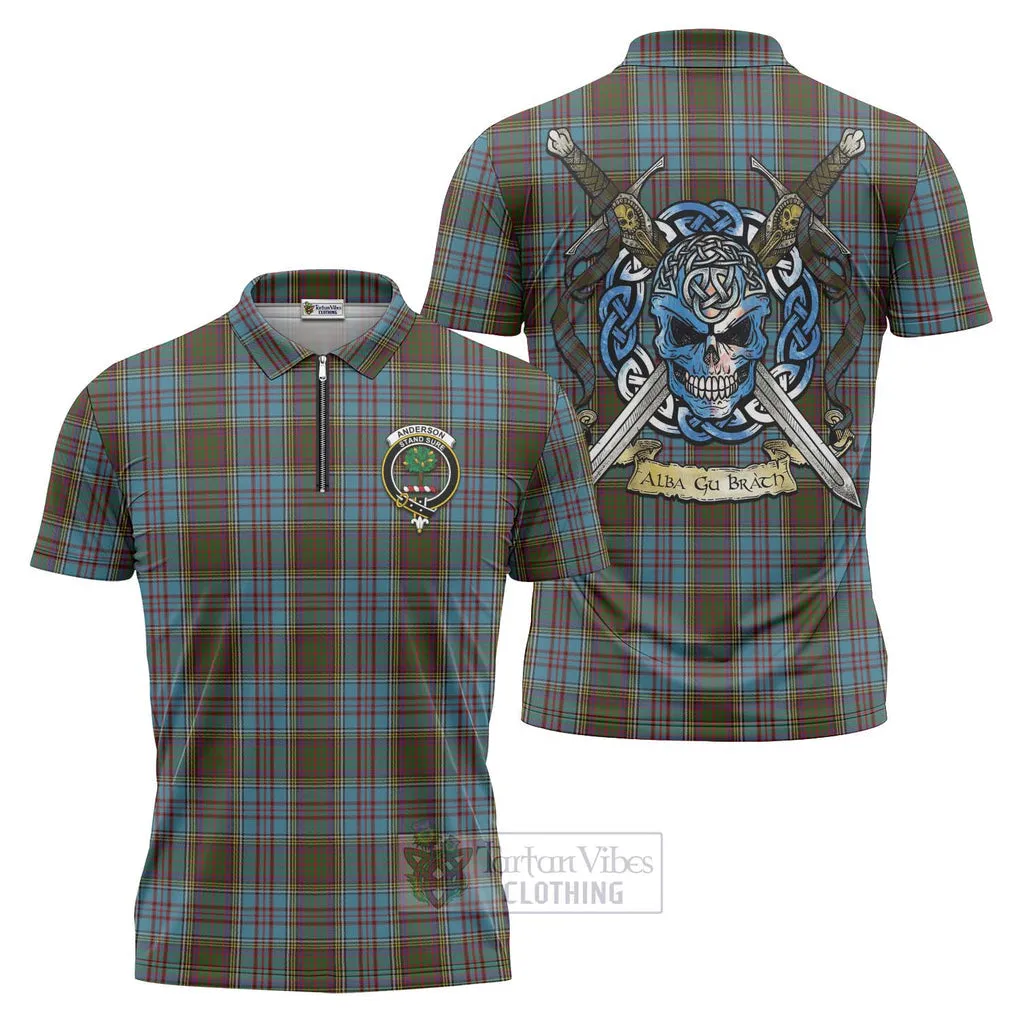 Anderson Tartan Zipper Polo Shirt with Family Crest Celtic Skull Style