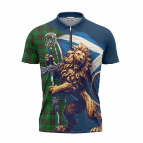 Anstruther Tartan Family Crest Zipper Polo Shirt with Scottish Majestic Lion