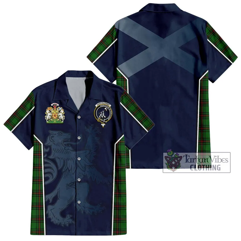 Anstruther Tartan Short Sleeve Button Shirt with Family Crest and Lion Rampant Vibes Sport Style