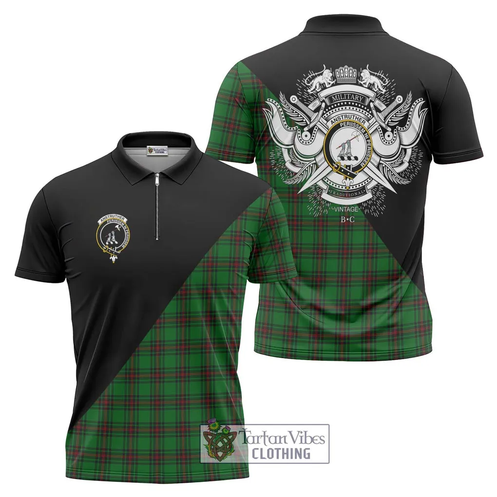 Anstruther Tartan Zipper Polo Shirt with Family Crest and Military Logo Style