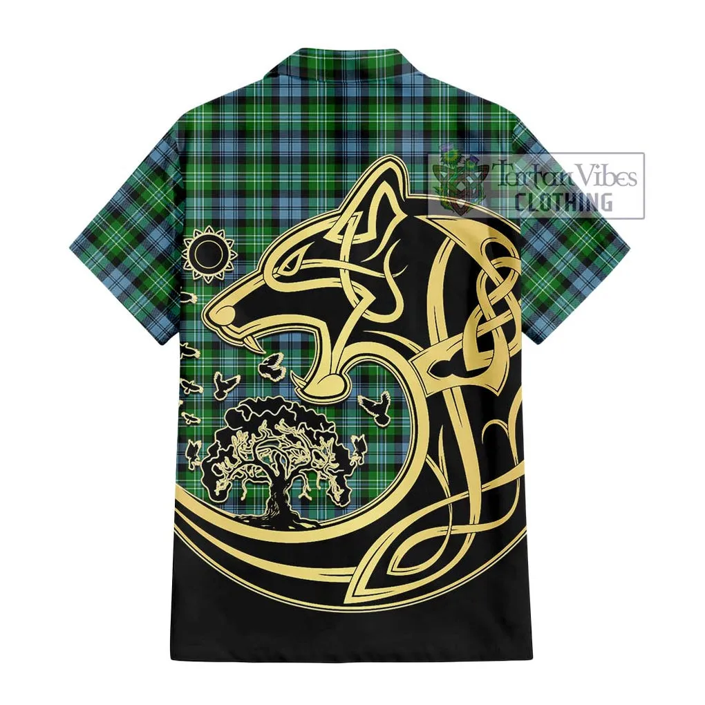 Arbuthnot Ancient Tartan Short Sleeve Button Shirt with Family Crest Celtic Wolf Style