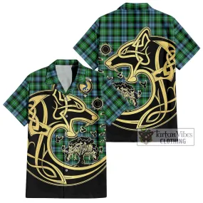 Arbuthnot Ancient Tartan Short Sleeve Button Shirt with Family Crest Celtic Wolf Style