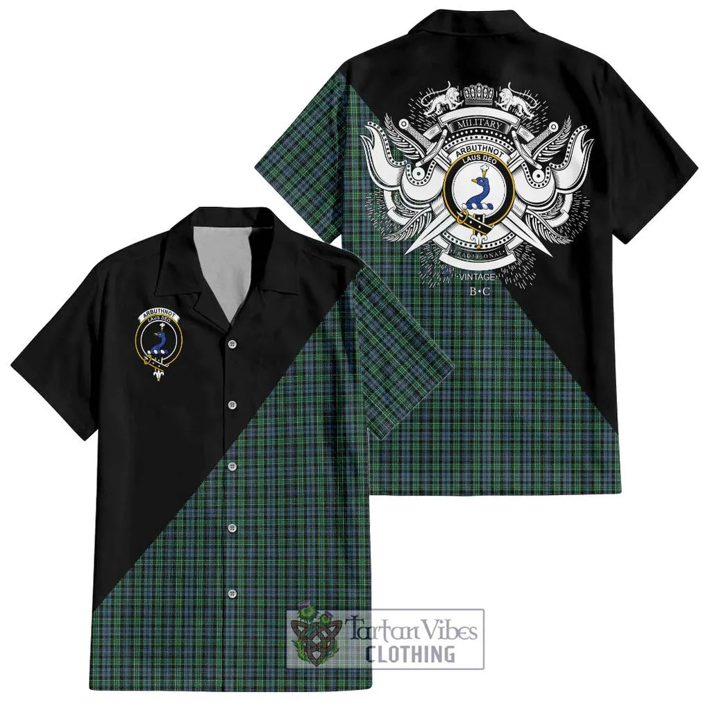 Arbuthnot Tartan Short Sleeve Button Shirt with Family Crest and Military Logo Style