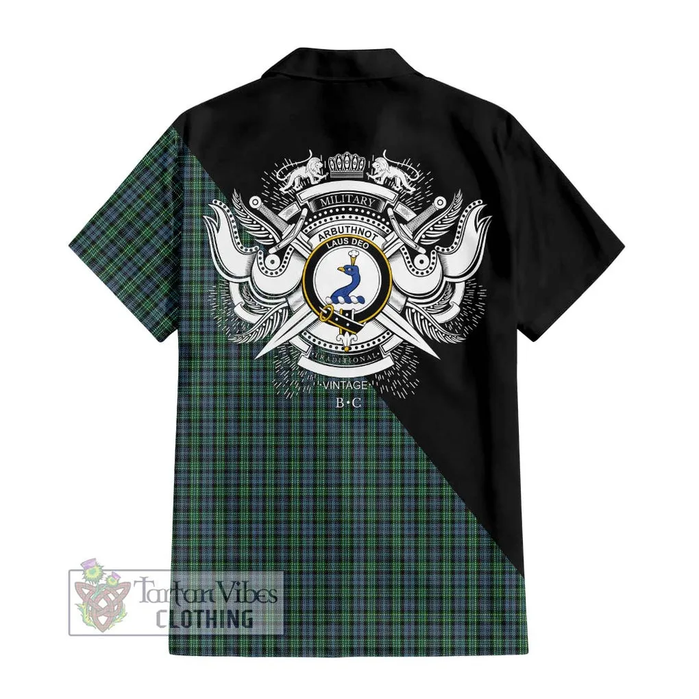 Arbuthnot Tartan Short Sleeve Button Shirt with Family Crest and Military Logo Style