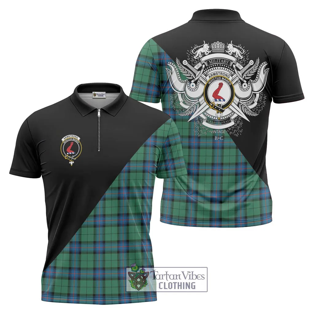 Armstrong Ancient Tartan Zipper Polo Shirt with Family Crest and Military Logo Style