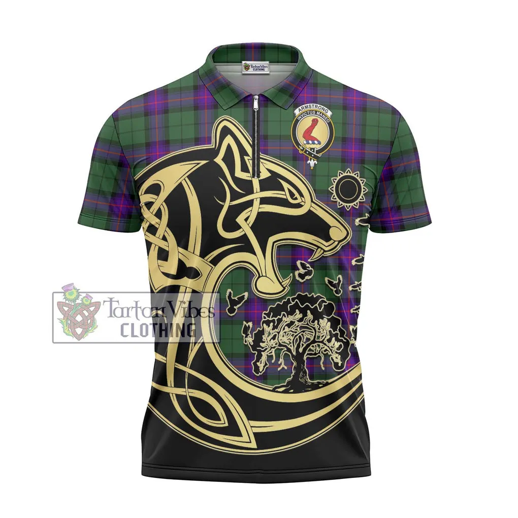 Armstrong Modern Tartan Zipper Polo Shirt with Family Crest Celtic Wolf Style