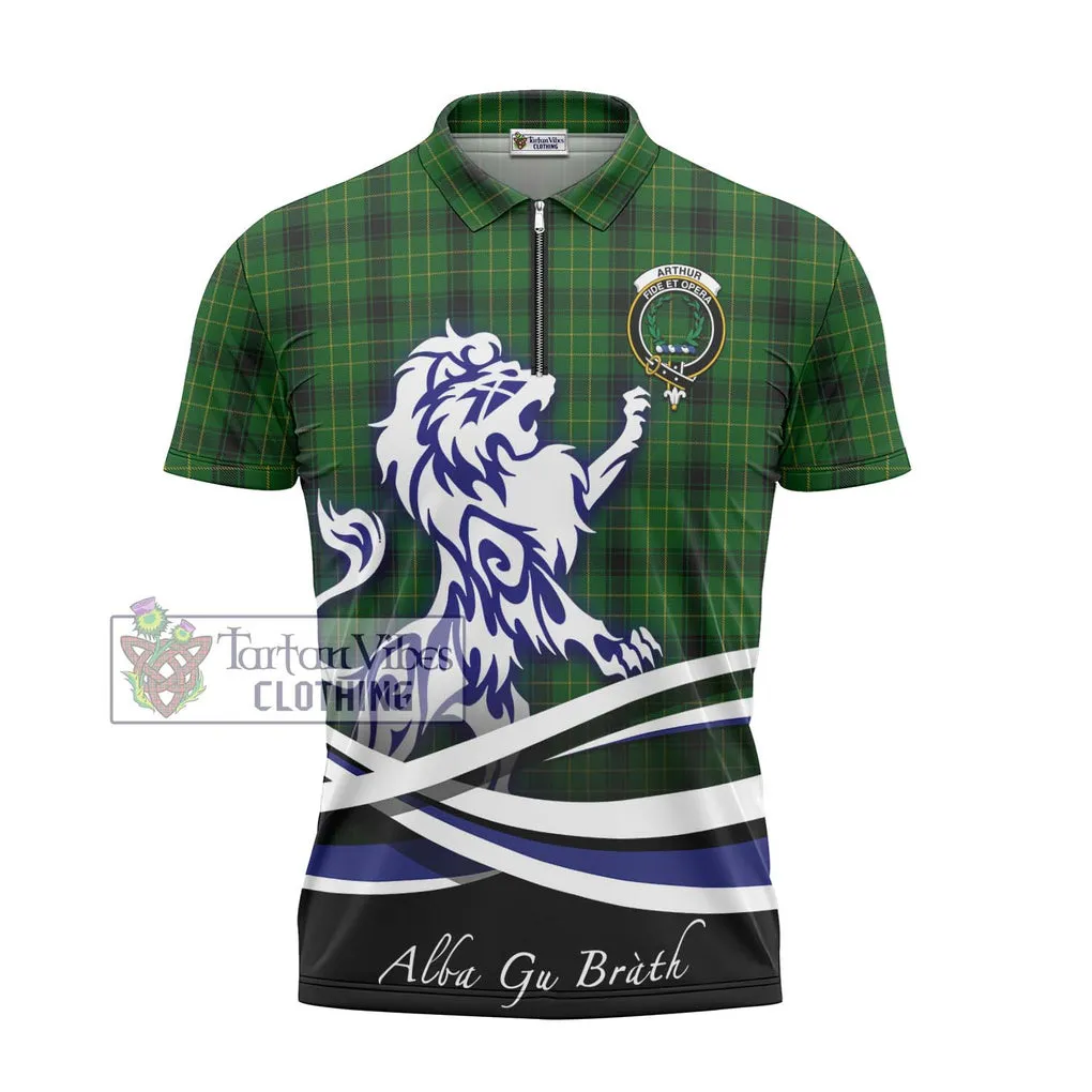 Arthur Highland Tartan Zipper Polo Shirt with Alba Gu Brath Regal Lion Emblem