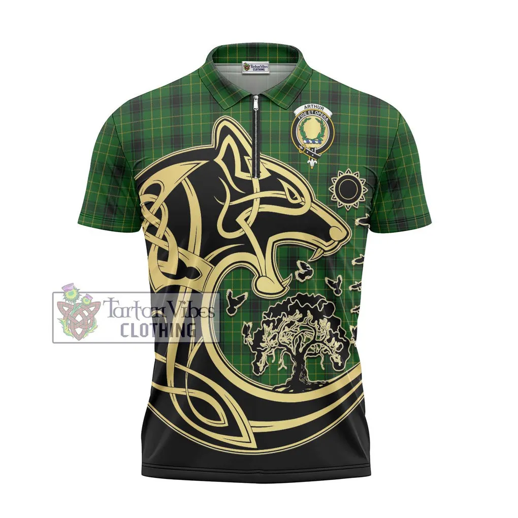 Arthur Highland Tartan Zipper Polo Shirt with Family Crest Celtic Wolf Style