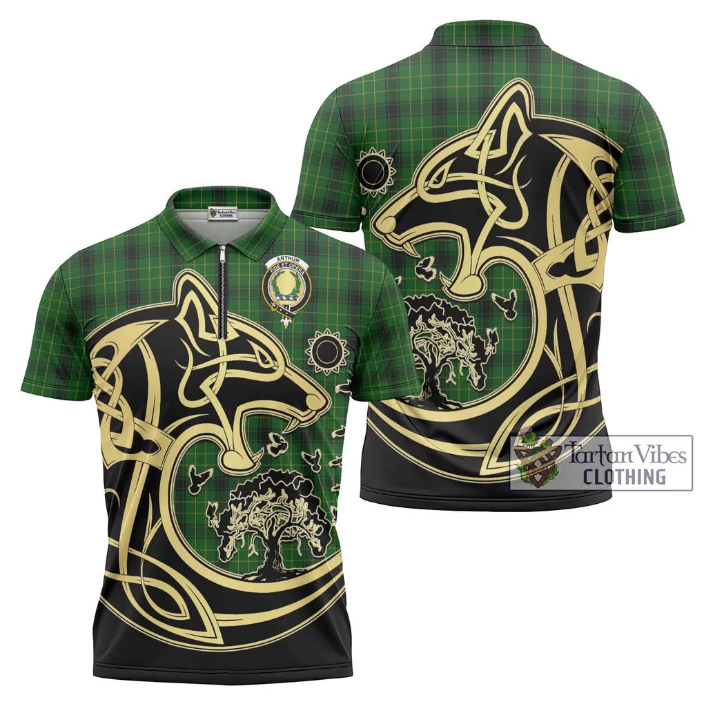 Arthur Highland Tartan Zipper Polo Shirt with Family Crest Celtic Wolf Style