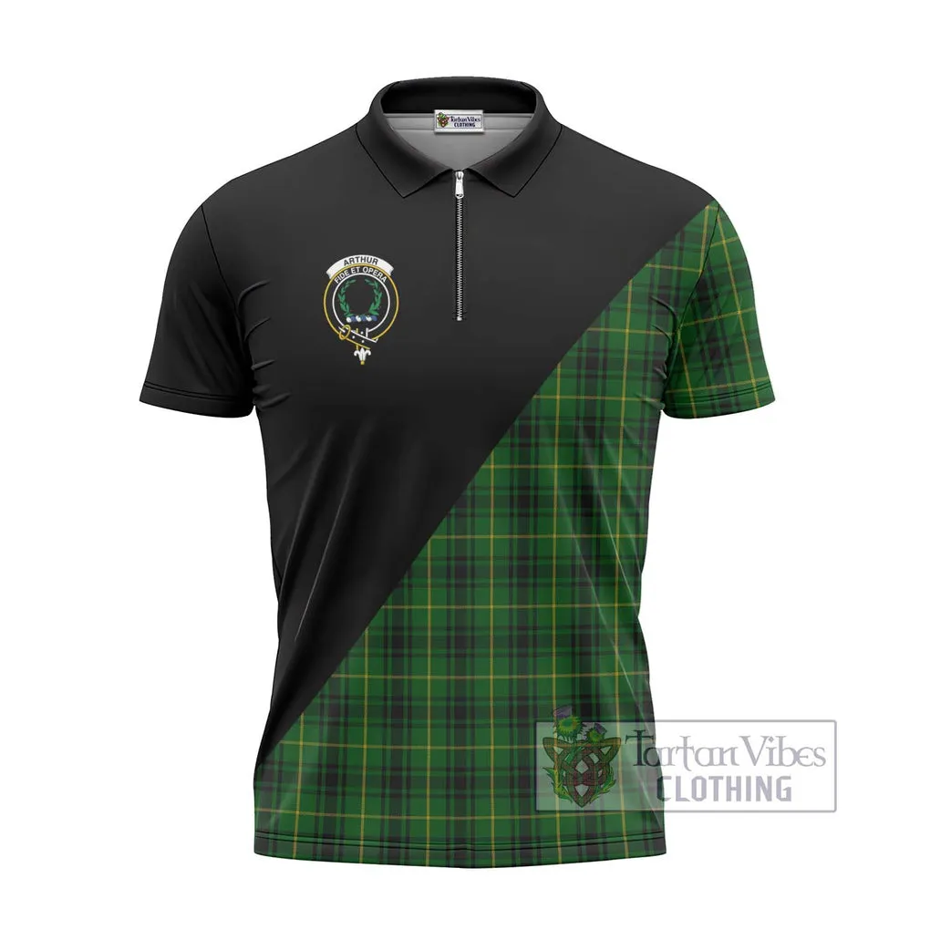 Arthur Tartan Zipper Polo Shirt with Family Crest and Military Logo Style