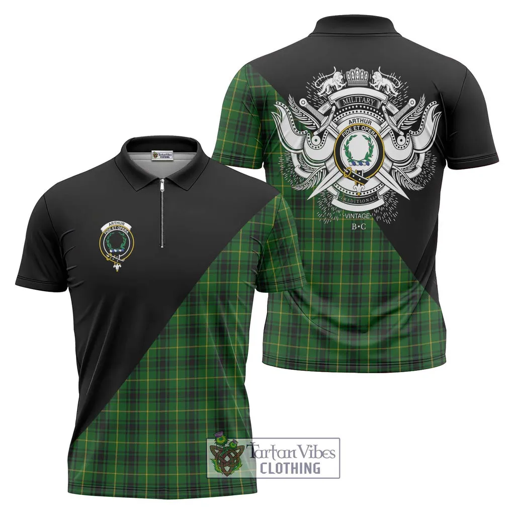 Arthur Tartan Zipper Polo Shirt with Family Crest and Military Logo Style